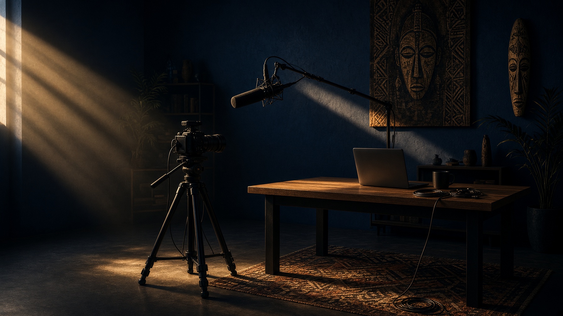 A contemporary African media studio in warm gold light